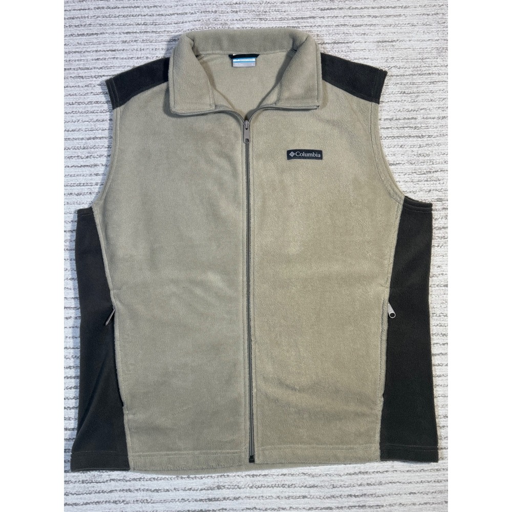 Columbia Mens Fleece Vest Tan Black Full Zip AM1535 Large Hiking Outdoor Layer